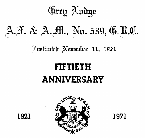 Grey Lodge No. 589 fiftieth anniversary cover, 1921–1971