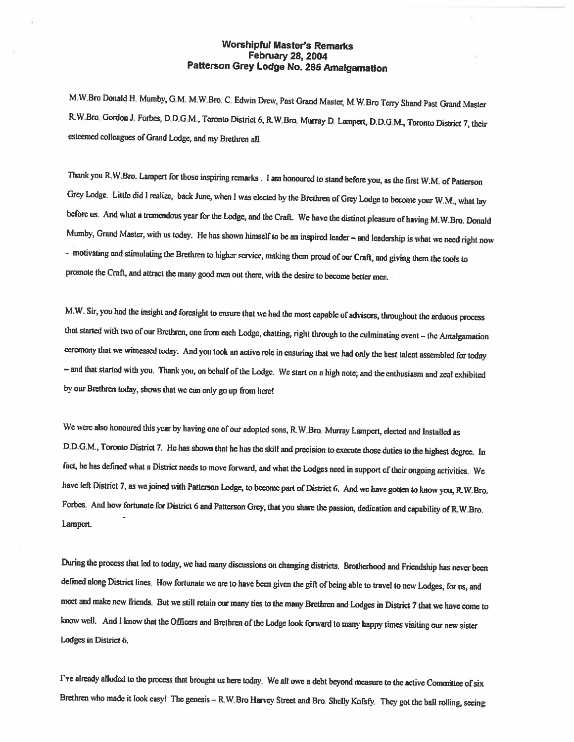 First page of remarks from the February 28 2004 Patterson Grey amalgamation ceremony