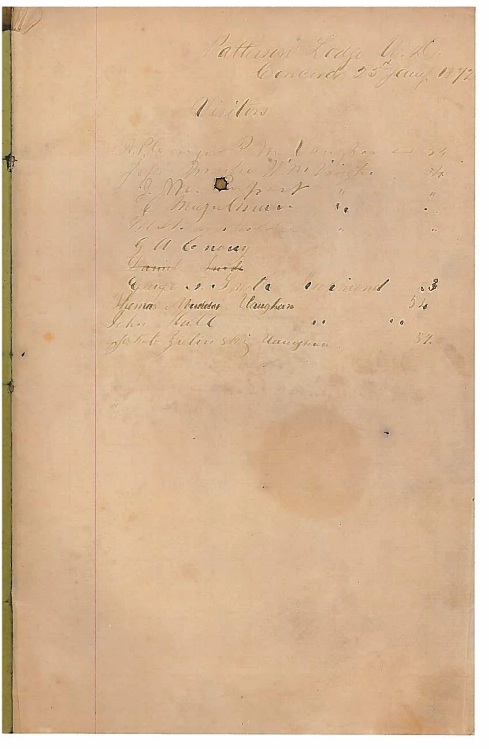 Page from the 1872 Patterson Lodge visitors book